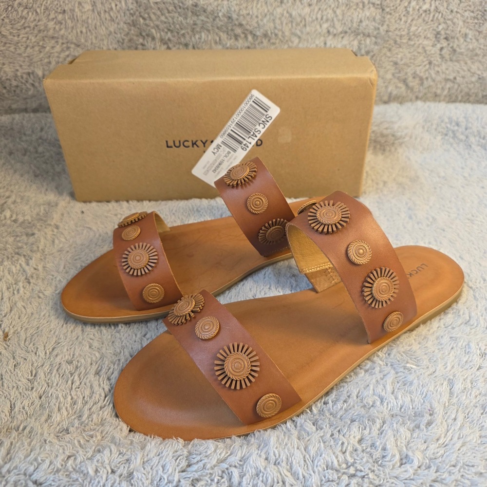 Lucky Brand Adalyn Sandals Women 11M Brown Leather Flower Embellished Slides NEW